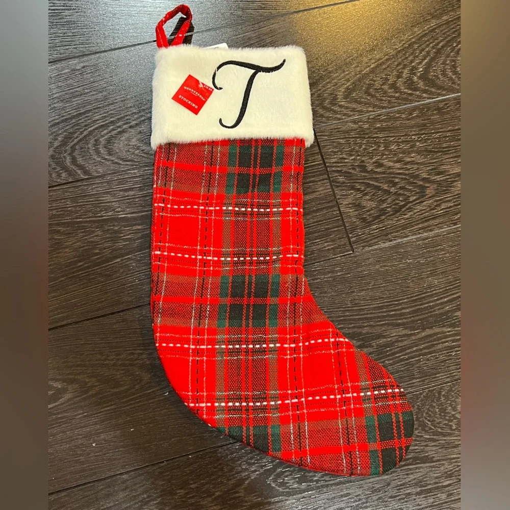 LETTER T WONDERSHOP TARGET Plaid RED CHRISTMAS STOCKING MONOGRAM RED 18